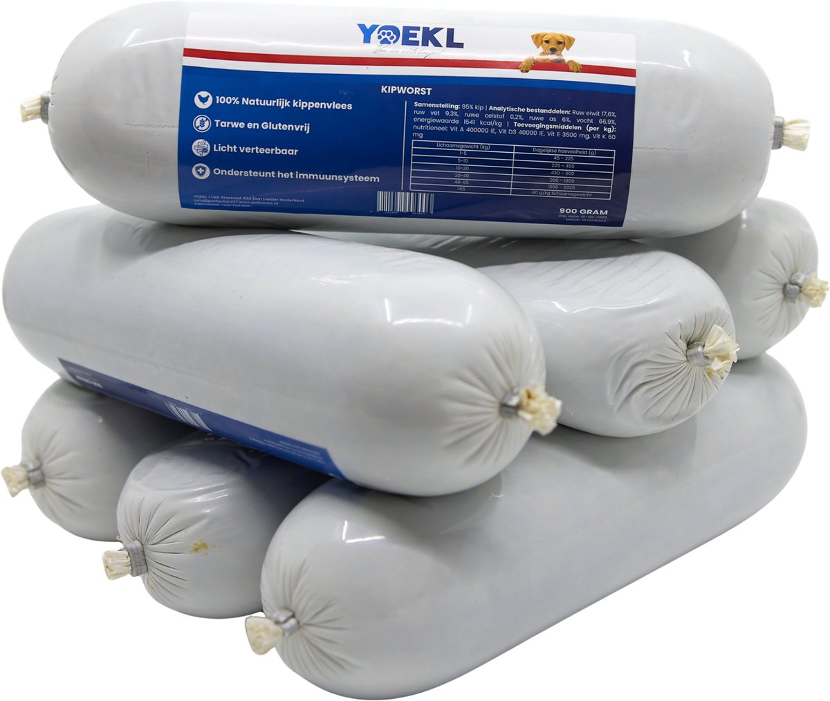 YOEKL Worsten Kip voor honden - Hondenvoer - 7x900 gram - Houdbaar - Natvoer Hond
