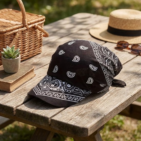 Zwarte bandana met klep – unisex bandana cap met paisley print