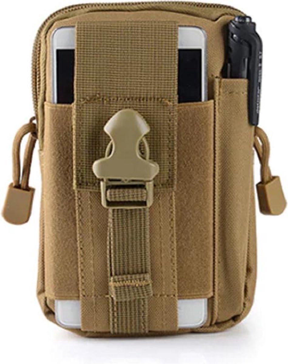 Okado Waterdichte Nylon Heuptas Groen/Bruin – Compacte Outdoor Riemtas met Ritsvakken – Telefoonvak met Snelsluiting – Voor Wandelen, Reizen, Festival en Sport – 12 x 6 x 17,5 cm
