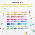 Swatches van 48 Ohuhu alcohol markers in midden-toon kleuren op wit papier, met markers ernaast.
