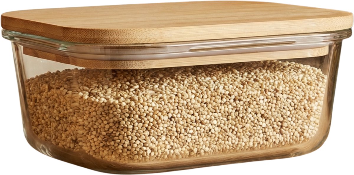 Alpina food container 770ml - voedselcontainer van glas met bamboe deksel - luchtdicht voor optimale versheid - gemakkelijk schoon te maken - 15x15x6,9cm - transparant