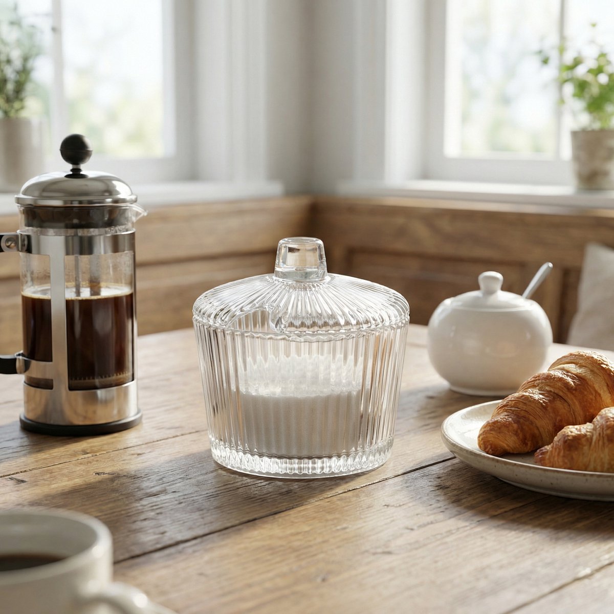 Alpina suikerpot 200ml - glazen opbergpot met deksel en handvat - geribbeld ontwerp - ronde vorm - geschikt voor suiker - 2 jaar fabrieksgarantie - 8,5x8,5x9,1cm - transparant