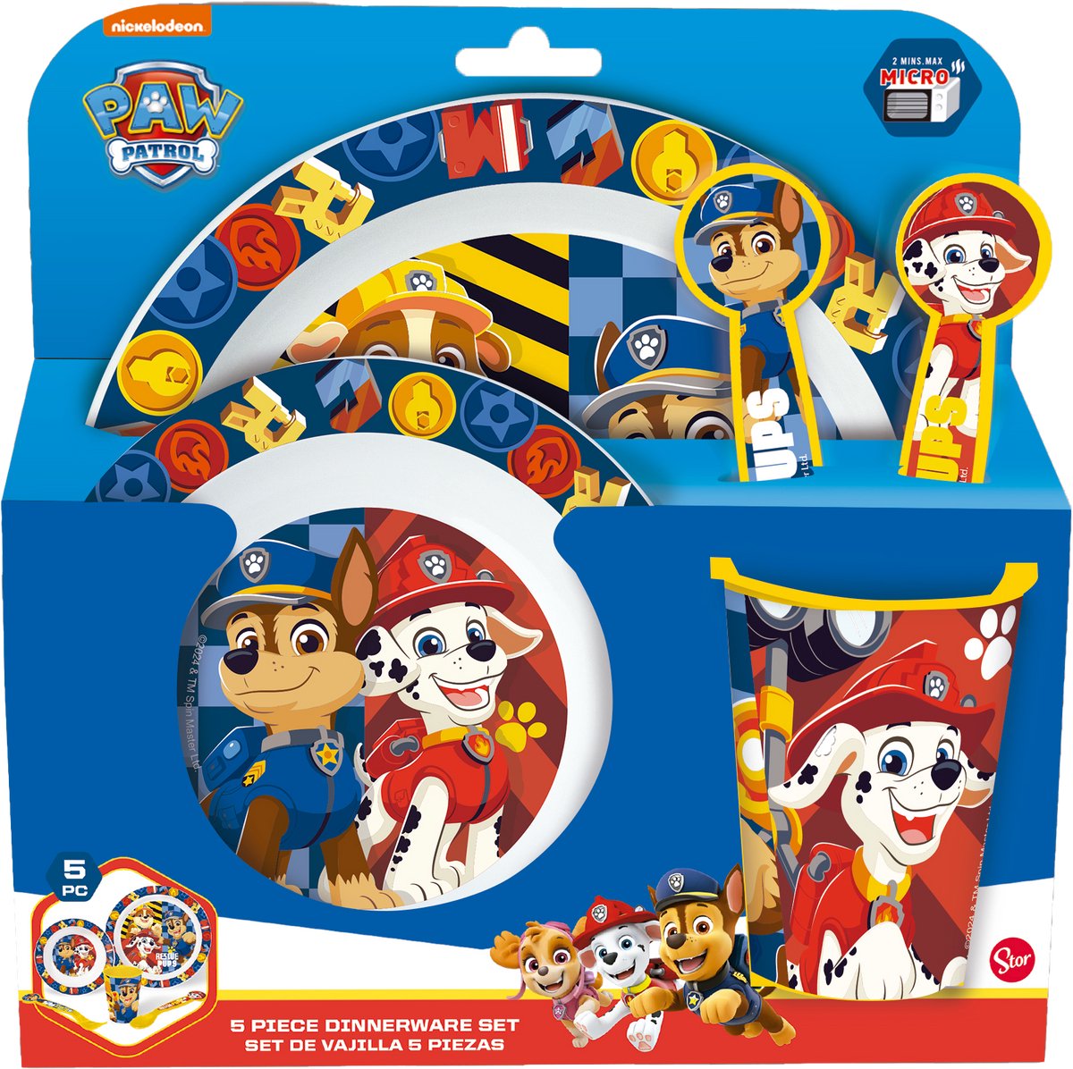 PAW Patrol Kinderservies - 5-delig - Herbruikbaar - Inclusief bord, kom, bestek en beker - Vaatwasser- en microgolfbestendig & BPA-vrij - Wit/Blauw