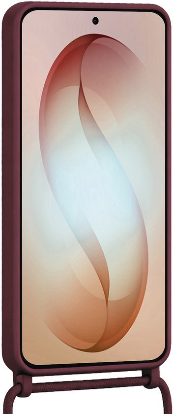 Aubergine kleurig telefoonhoesje met koord, met een warm, vervaagd schermdesign.