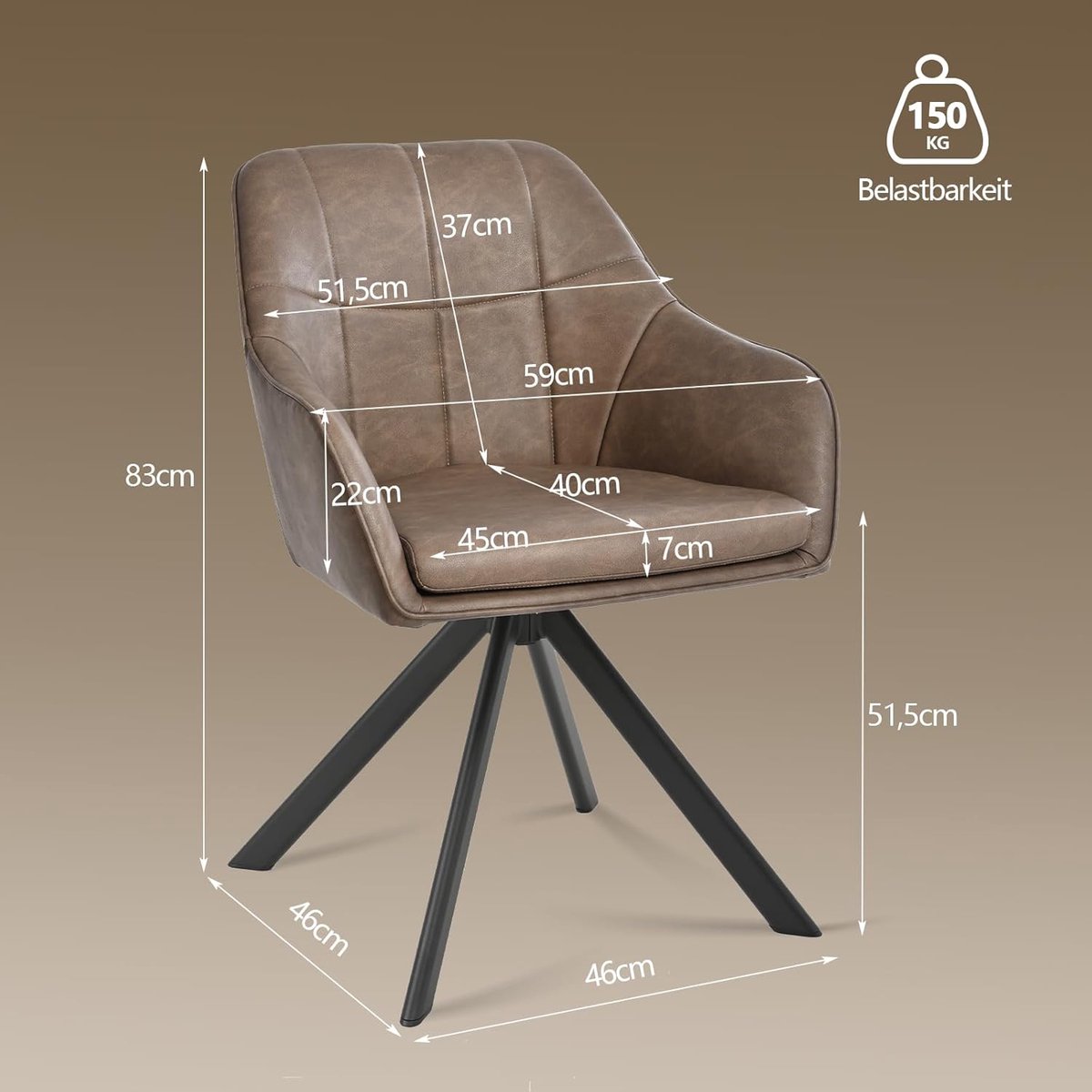Draaibare Eetkamerstoelen met Armleuning Set van 2 – Gestoffeerde Kunstleren Stoelen voor Eetkamer, Keuken of Kantoor – 52,4 x 52,5 x 83 cm – Donkerbruin – Ergonomisch Comfortabel – Pauwhome