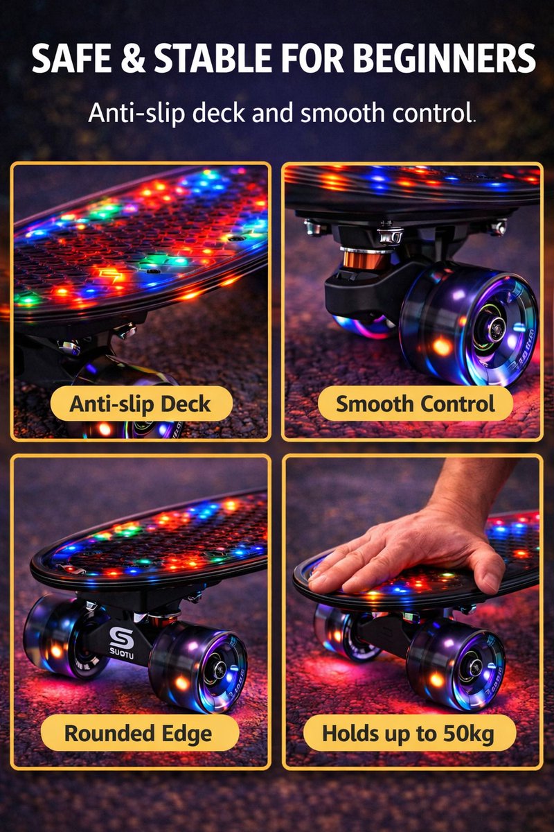 Suotu Skateboard met LED Lichtgevend Dek & Wielen - ABEC-9 - Tot 50 kg - Skateboard Meisjes/jongens - Skateboard Volwassenen -Flitszwart — afbeelding 6