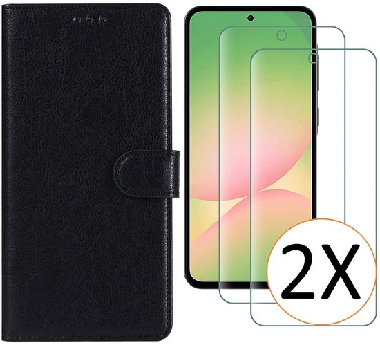 Étui compatible avec Samsung Galaxy A57 5G étui Zwart porte-cartes téléphone housse - Met protecteur d'écran verre trempé pour Galaxy A57 5G - 2x
