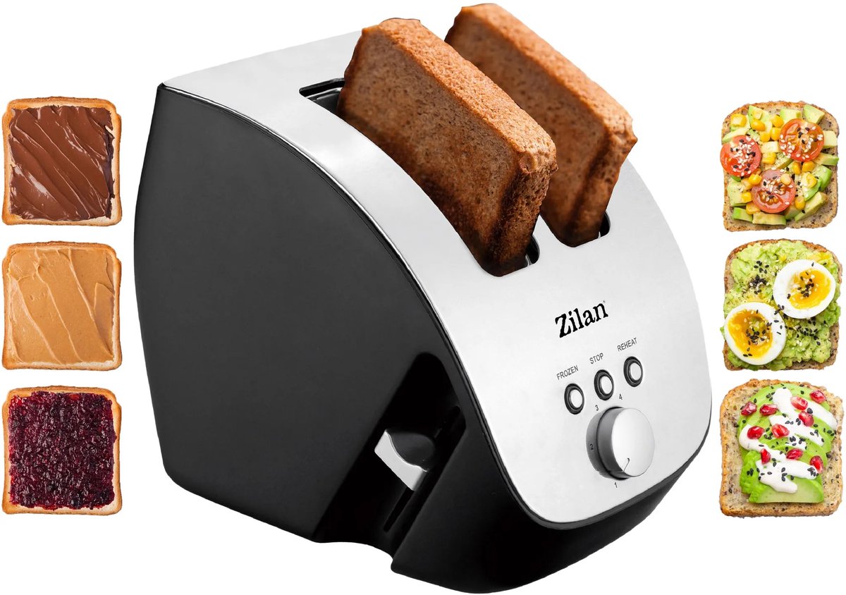 Zilan - Broodrooster XL - RVS - Zilver - Zwart - brede sleuven - 1000 Watt