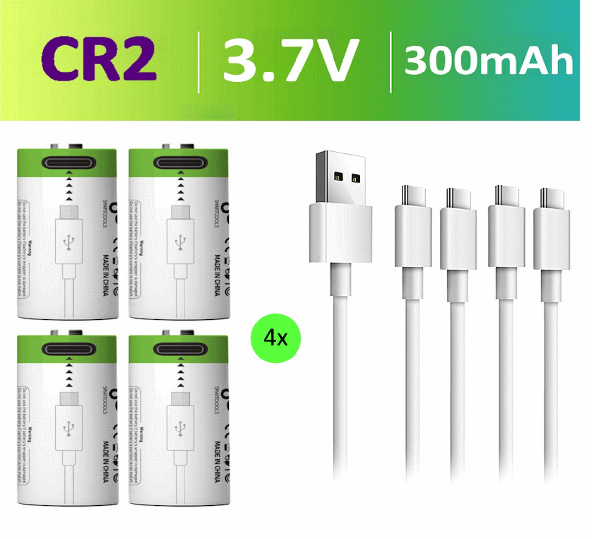 Oplaadbare Li-ion CR2 Batterijen 3.7V - USB-C - 300 mAh - Duurzame Keuze - Lithium CR2 batterij accu - 4 stuks