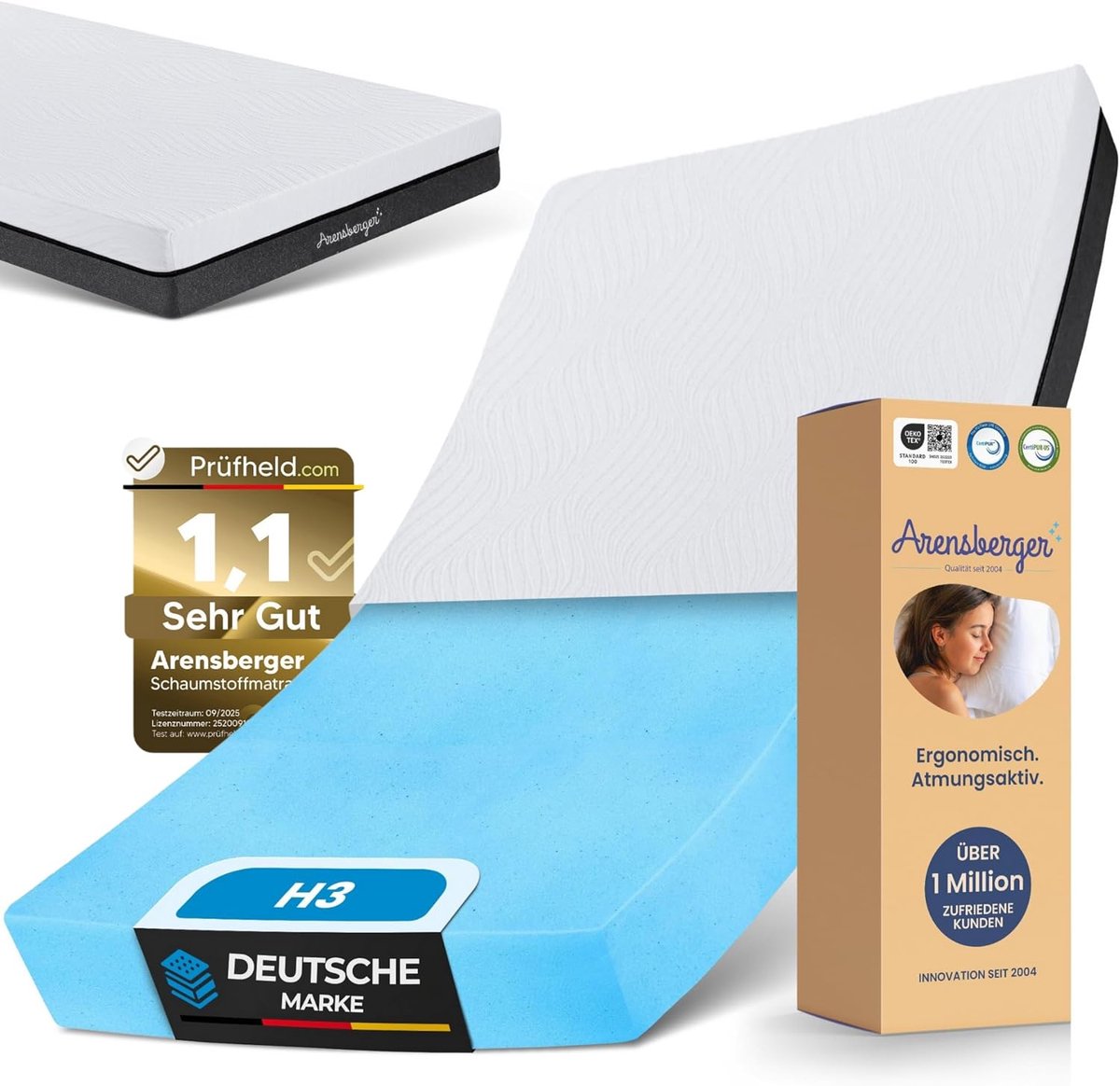 Arensberger SARA Gel-Schuim Matras – 90cm x 200cm x 16cm – NANOCELL® Gel-Schuim H3 Hardheid – Ademend Ontwerp met Afneembare Hoes 240 g/m² – Wasbaar tot 60 °C – Oprolbare Comfortmatras Grijs