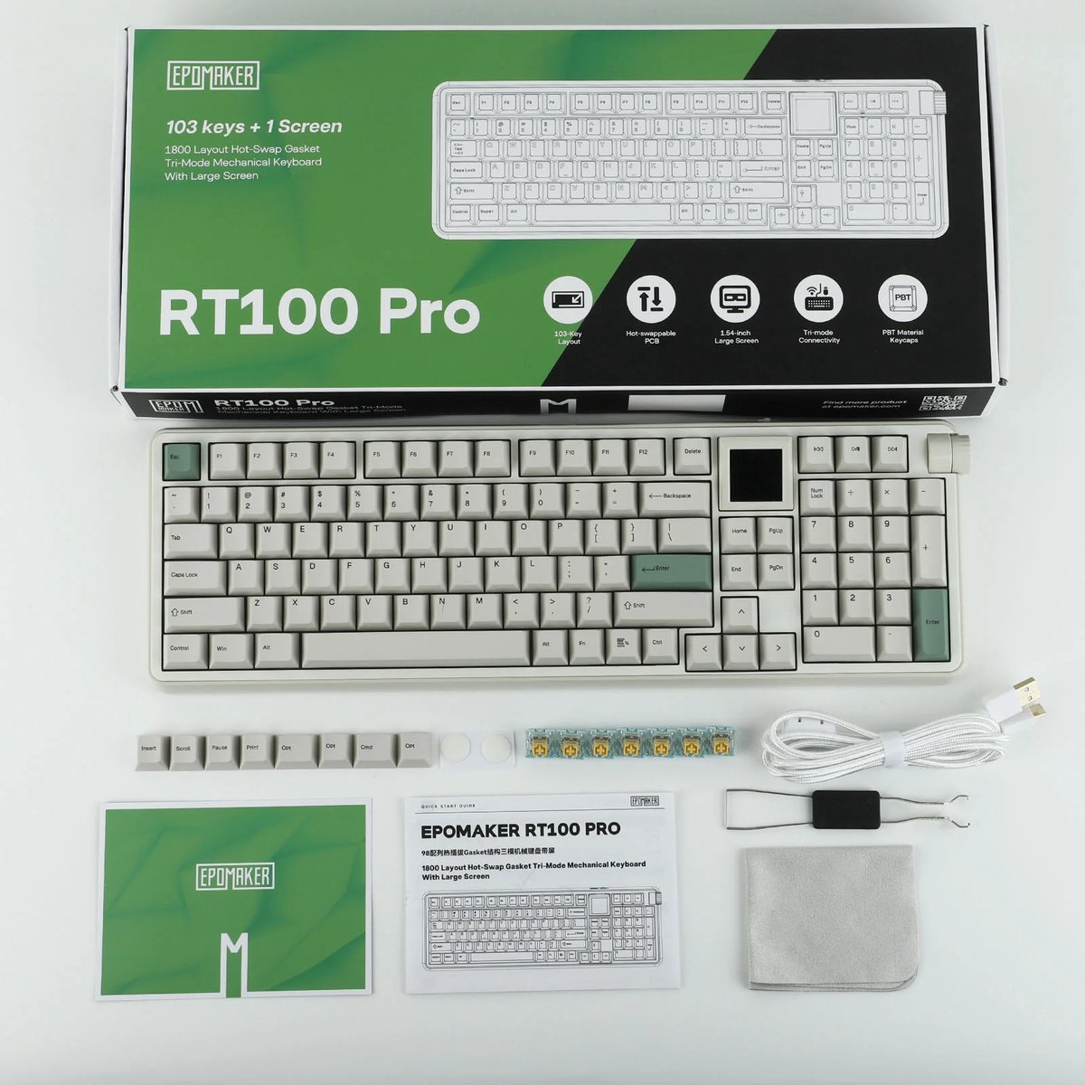 EPOMAKER RT100 Pro - Mechanisch Draadloos Toetsenbord - 100% - QWERTY - Retro Mechanical Keyboard met Draaiknop en Mini Scherm - Flamingo Switch - Retro White thumbnail 2