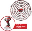Rode en zwarte Einhell IMPAXXO 18/230 Li slagschroevendraaier met accu, onderdeel van de Einhell POWER X-CHANGE familie. Een cirkel met diverse Einhell gereedschappen is zichtbaar.