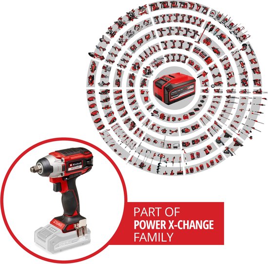 Rode en zwarte Einhell IMPAXXO 18/230 Li slagschroevendraaier met accu, onderdeel van de Einhell POWER X-CHANGE familie. Een cirkel met diverse Einhell gereedschappen is zichtbaar.