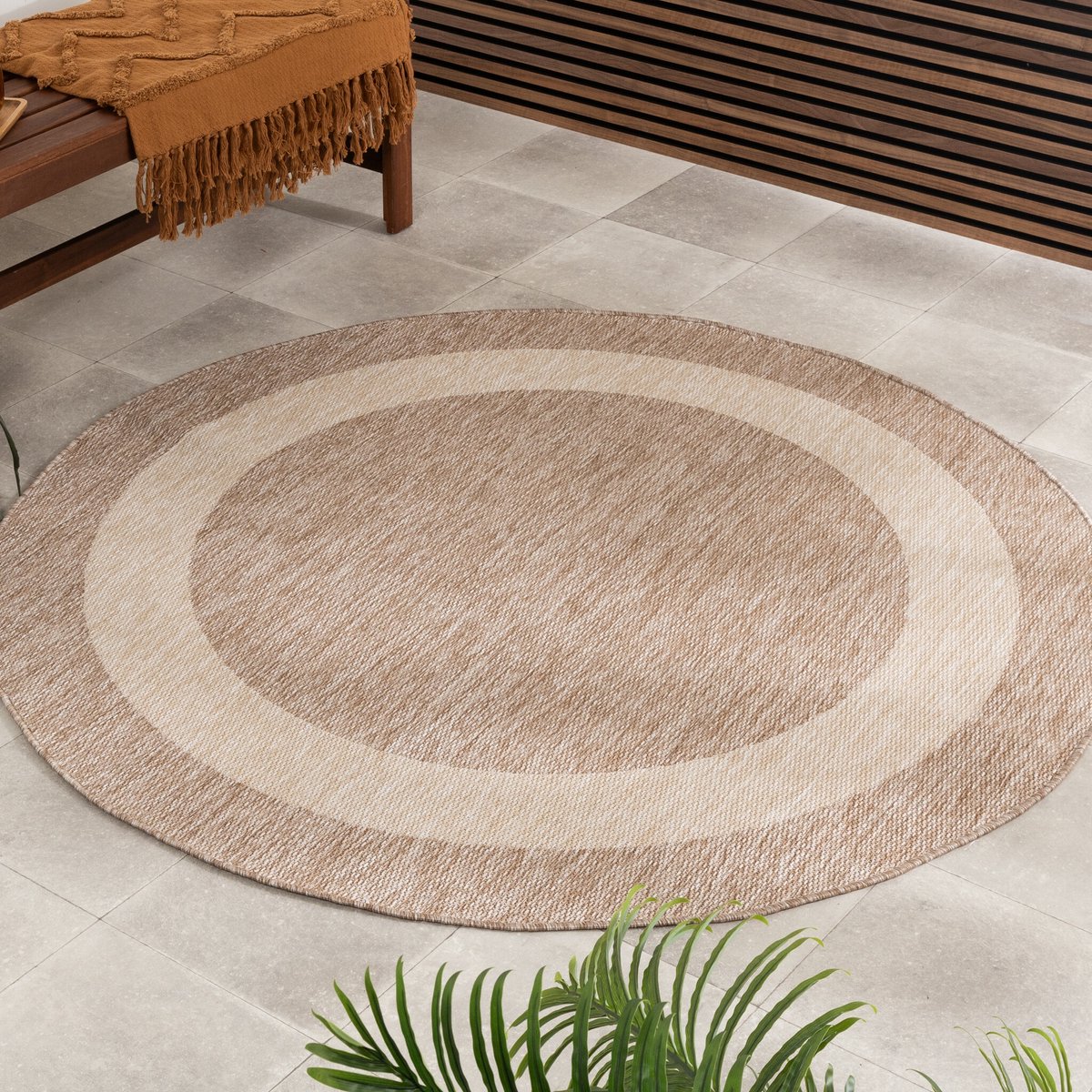 Fraai Rond buitenkleed - Sierra Border Beige/Creme - Ø 120cm