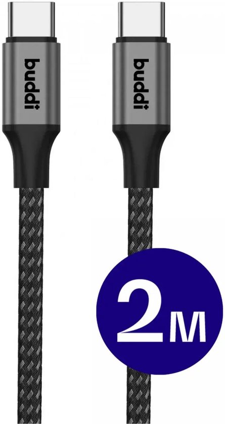 Twee zwarte Buddi USB-C kabels van 2 meter.