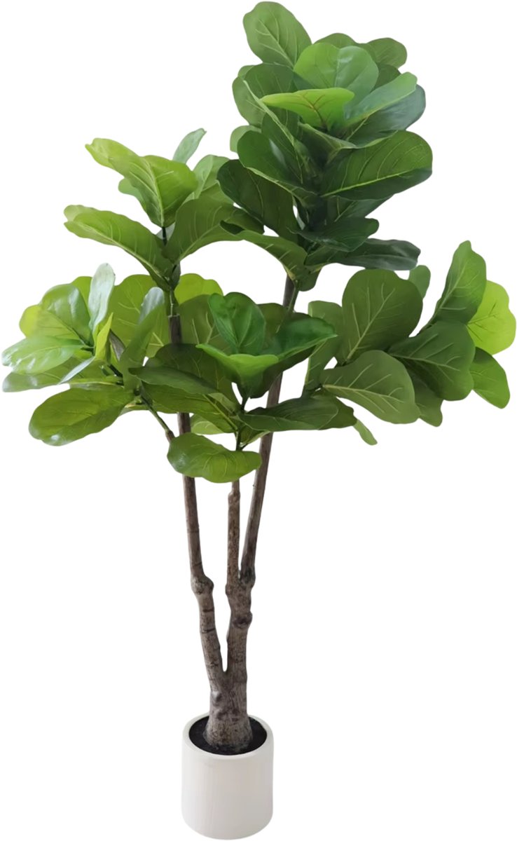 Happiq Kunstmatige Fiddle Leaf Vijgenboom - Voor Binnen & Thuiskantoor - Faux Ficus Lyrata - Met Witte Plantenbak - Groen-152 cm Green