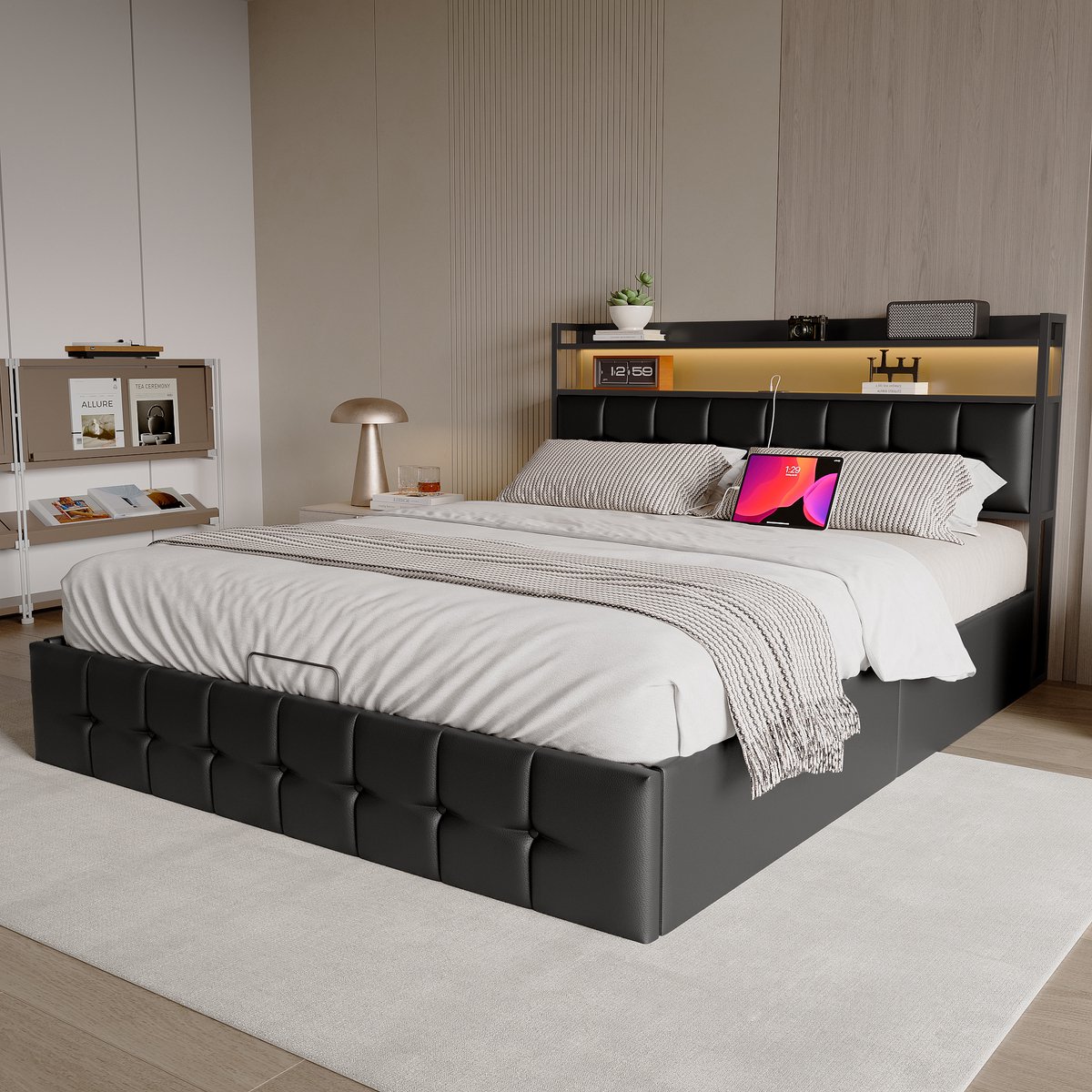 ROSAHQNDA Tweepersoonsbed met ledverlichting en usb-poort, opbergruimte met hydraulische stang, gestoffeerd hoofdeinde van zwarte PU-stof, 160x200 cm, exclusief matras Zwart - PU