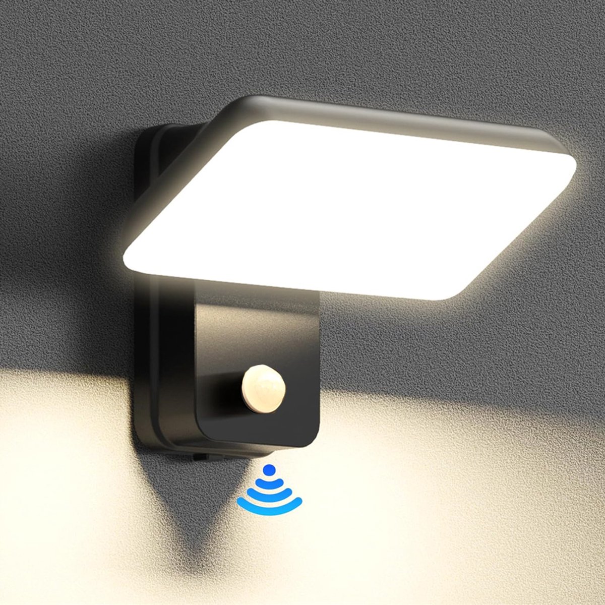 Zwarte wandlamp met bewegingssensor, waterdichte IP65 LED-wandlamp, binnen-/buitenwandlamp met draaibaar LED-paneel, voor tuin, terras, entree, warm wit, 3000 K, (Moet voor gebruik worden aangesloten op de hoofdvoeding)