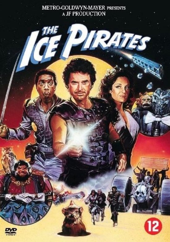 DVD hoes van 'The Ice Pirates' met de hoofdrolspelers, een ruimteschip en het logo van de film.