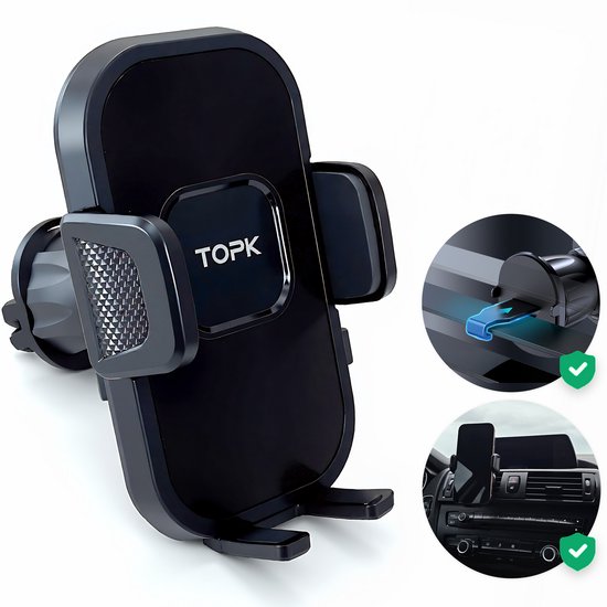 CODA® Telefoonhouder Auto - EXTRA STEVIGE HAAK - Trillingsvrij - Ventilatierooster – One Click – 360° Draaibaar – Universeel – TOPK - voor 4-7 Inches Telefoons, Iphone, Sumsung etc.