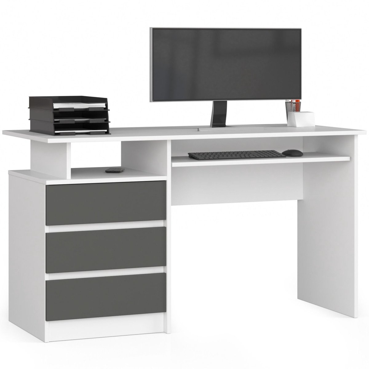 Bureau CLP 135 cm met 3 Laden / Computerbureau / Computer Tafel / Bureautafel / Wit - Grafietgrijs / 135 x 77 x 60 cm
