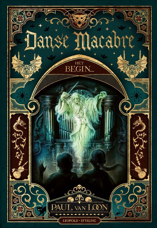 Een spookachtige gedaante zweeft boven een orgel, terwijl twee mensen toekijken. De titel 'Danse Macabre' staat in gouden letters.