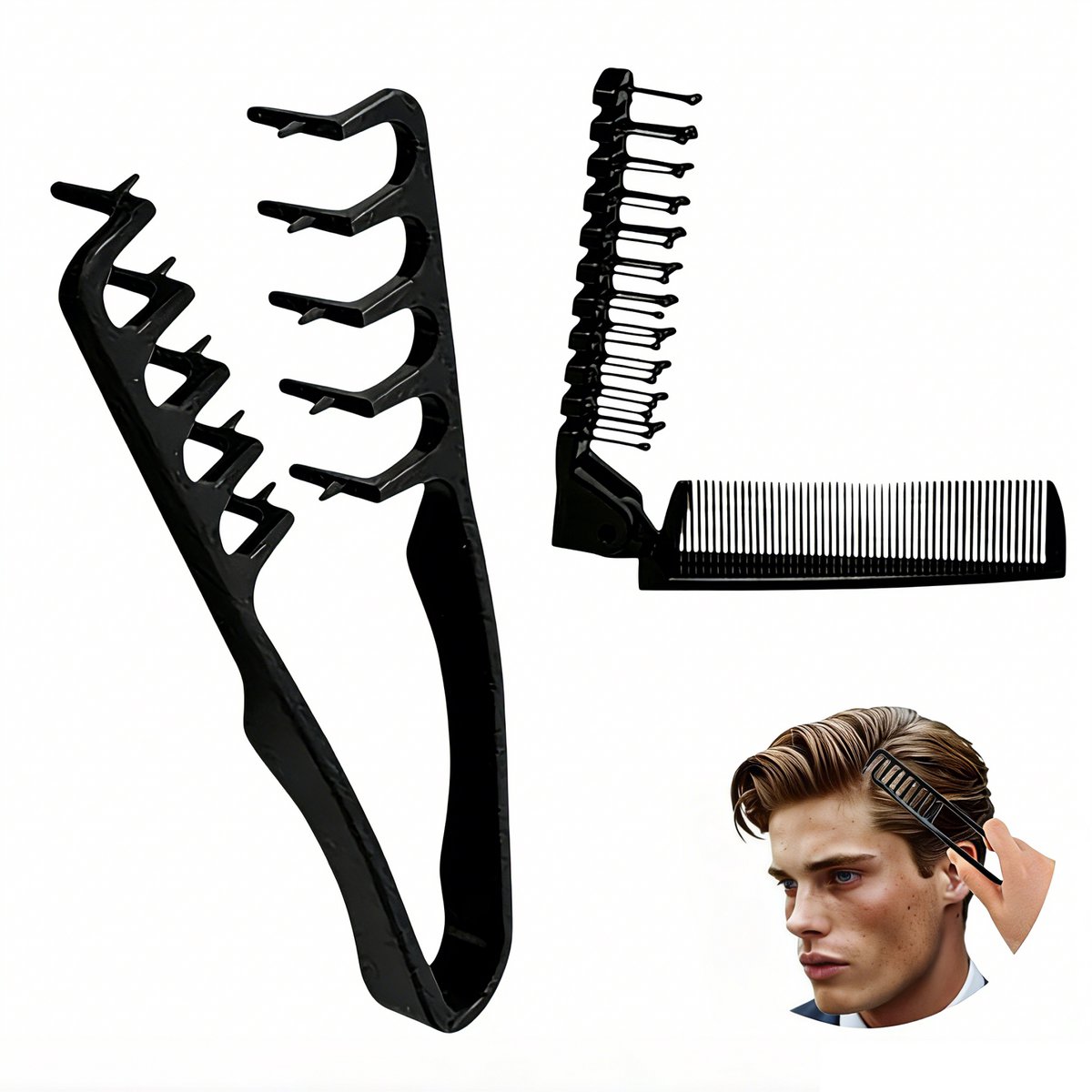 2-in-1 Styling Kamset – Volumizer Wortelkam + Opvouwbare Fijntandige Kam, Voor Alle Haartypes, Handig Voor Dagelijks Gebruik & Reis – Men's Textured Combs 2-Pack