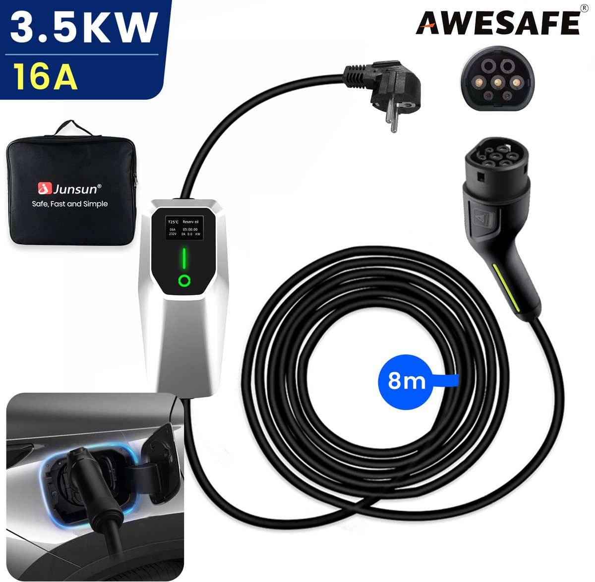 Awesafe Laadkabel Auto - Mobiele Thuislader EV-Lader Type 2 - Geschikt Voor Elektrische Auto - 3.5 kW - Waterdicht - 8M - 6A/8A/10A/13A/16A Schakelbaar - Met handtas - Wit