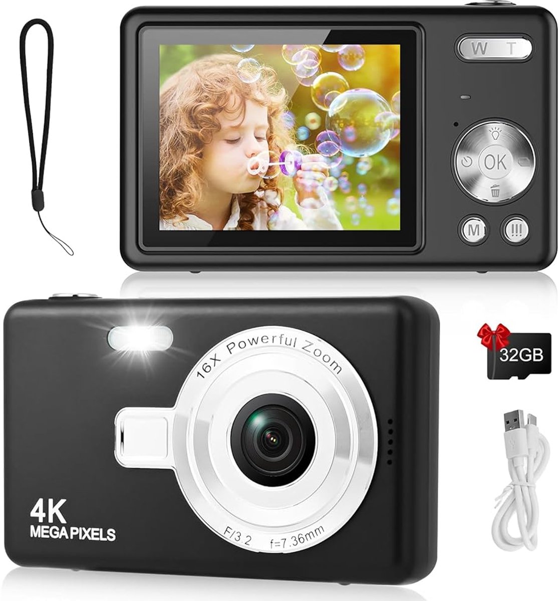 Digitale Camera - Fotocamera - Fototoestel - Vlog Camera - Compact Camera - 44MP - 1080P FHD - 16X Digitale Zoom - 2-4 Inch LCD - Inclusief 32GB SD-Kaart - Zwart