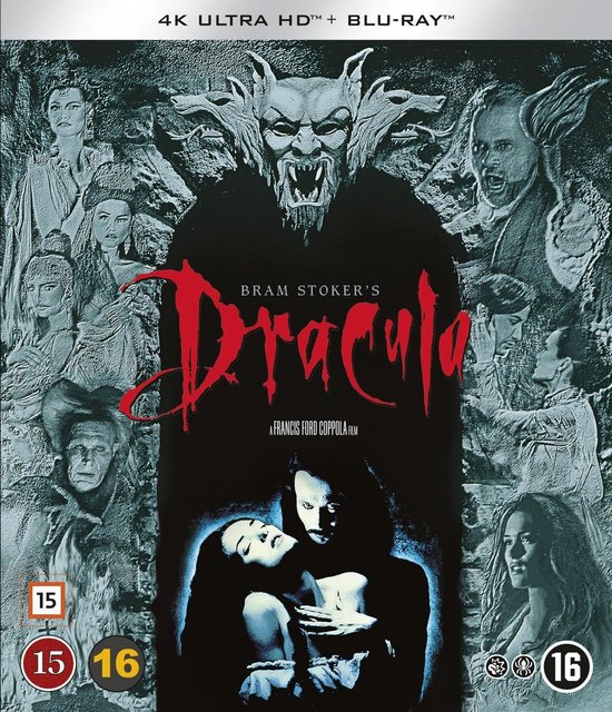 4K Ultra HD Blu-ray hoes van Bram Stoker's Dracula. Centraal staat een griezelig wezen met hoorns, omringd door portretten van personages en het logo.