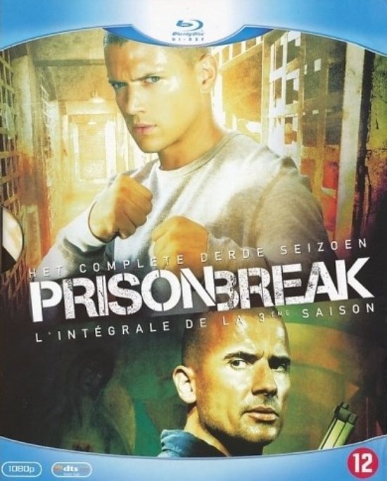 Prison Break Seizoen 3 Blu-ray cover met Wentworth Miller in trui en Dominic Purcell.