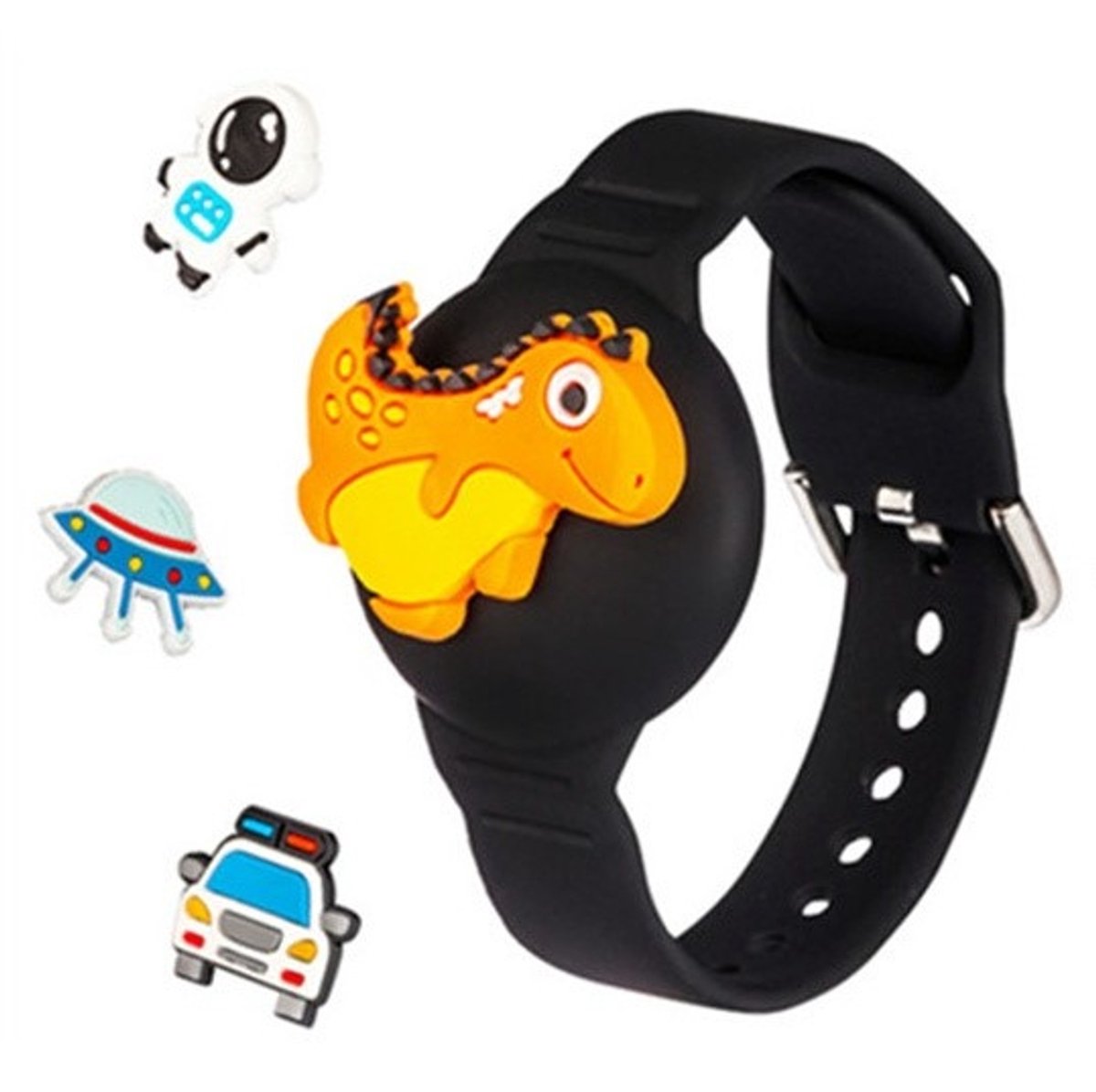 Telestore - armband Polsband horloge geschikt voor Apple Airtag - Airtag Sleutelhanger - Airtag Polsband Voor Kinderen - Airtag Armband Houder - Airtag Hoesje - bandje met verwisselbare cover - dino auto ruimtevaart - zwart - + gratis screenprotector