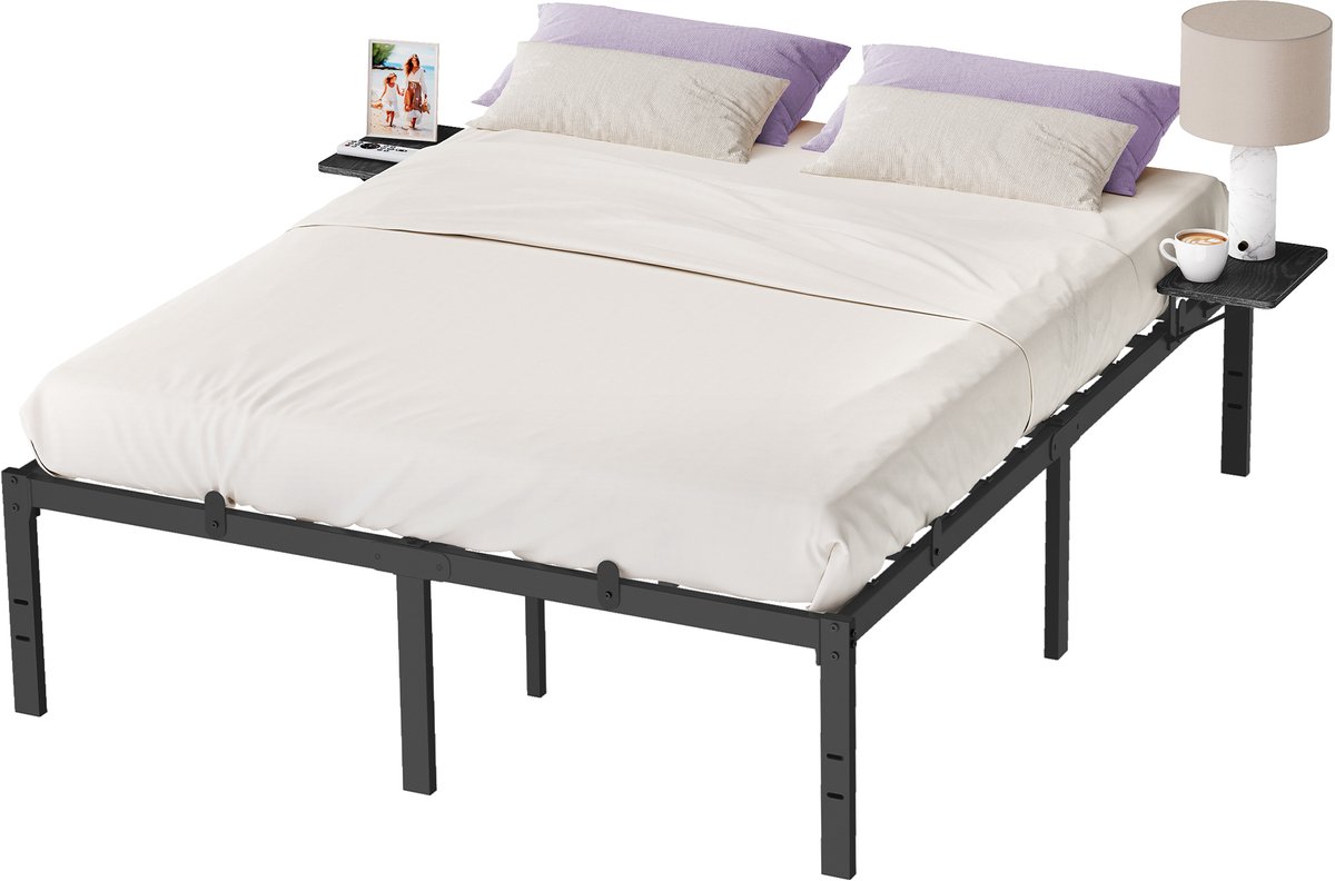 Vasagle Bed - Metalen Bed - Opbergrekken - Gemakkelijk te Monteren Zwart