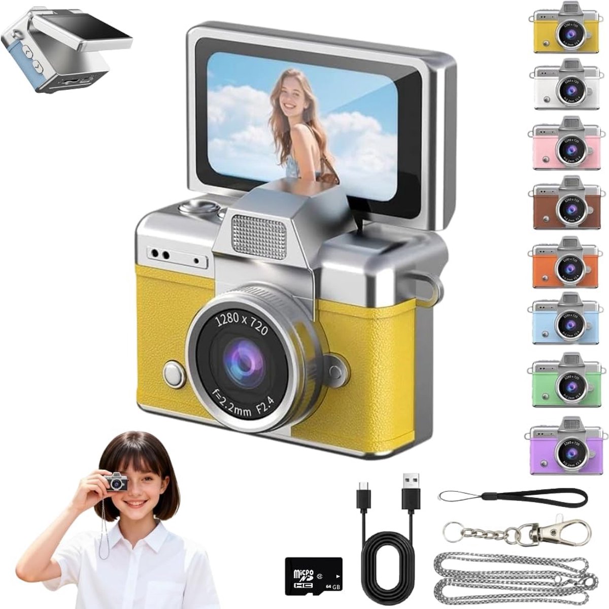 Fotocamera - Compact Camera - Voor Kinderen - Retro-Mini-Digitale-Camera - Sleutelhanger-Camera - 1080P-Full-HD - 0.96-Inch-IPS-Scherm - Inclusief-64GB-Kaart - 6-Filters - Vakantiecadeaus -geel