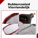 Close-up van het rubbergecoate, visvriendelijke net van een visnet met rode rand.