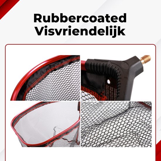 Close-up van het rubbergecoate, visvriendelijke net van een visnet met rode rand.