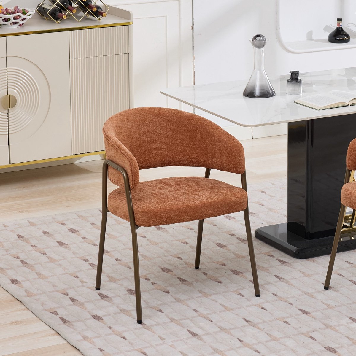 PHOEBE CAT Eetkamerstoel - Fauteuil - Chenille - Metalen poten - Oranje (1 stuk)