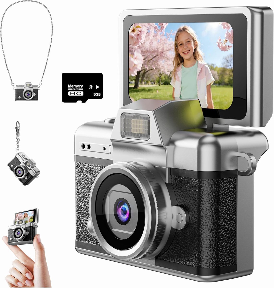 Fotocamera - Compact Camera - Voor Kinderen - Retro-Mini-Digitale-Camera - Sleutelhanger-Camera - 1080P-Full-HD - 0.96-Inch-IPS-Scherm - Inclusief-64GB-Kaart - 6-Filters - Vakantiecadeaus -zwart
