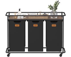 VASAGLE - Wasmand - Wasmand met 3 Vakken - Wassorteerder op Wielen - 150 L Met Opbergrek
