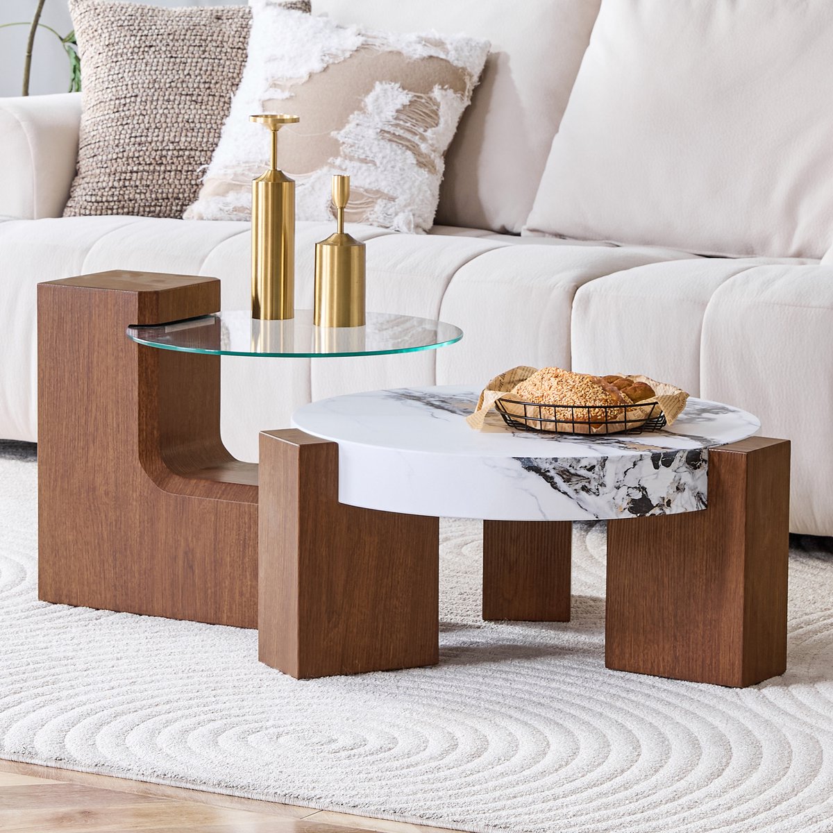 REDOM Salontafelset - Rond Tweelaags Ontwerp - Los Te Gebruiken - Voor Woonkamer - MDF En Glas - Walnootkleur En Wit Walnoot+Wit