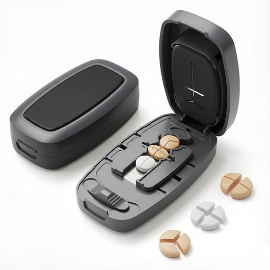 Een gesloten en open pillensnijder met tabletten en gesneden tabletten ernaast.