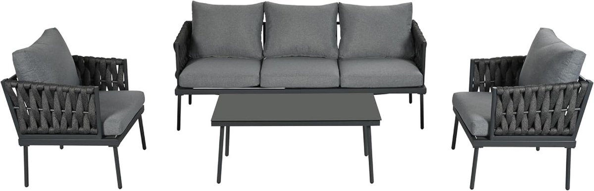 Loungeset 4-delig tuin – Bellavero luxe tuinmeubelset met 3-zits bank, stoelen & glazen tafel – weerbestendig staal & touw armleuningen – grijs modern balkon set