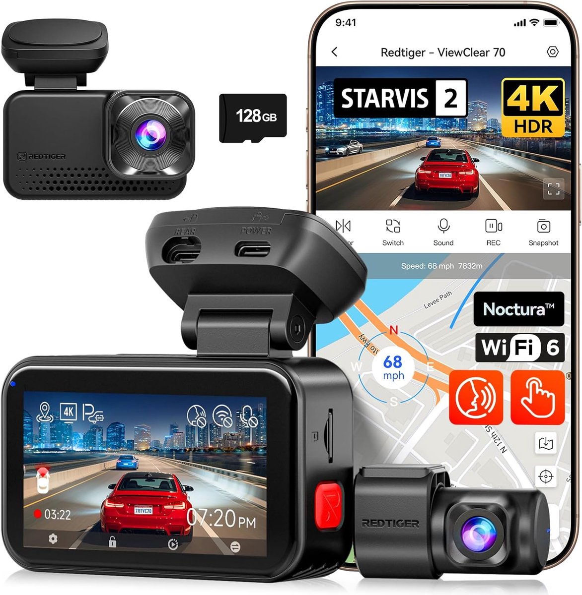 RedTiger Viewclear 70 - Dual Dashcam voor auto - Ultra 4K & 2,5K - Voor en Achter Camera - 2026 model - Met Touchscreen - WiFi en GPS - 3.20 Inch met App - Sony Sensor Nachtzicht - Dashcams - Parkeerbewaking - G Sensor - Loop opname - 128GB SD Kaart