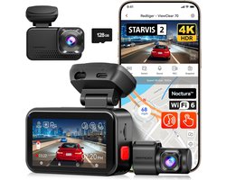 RedTiger Viewclear 70 - Dual Dashcam voor auto - Ultra 4K & 2,5K - Voor en Achter Camera - 2026 model - Met Touchscreen - WiFi en GPS - 3.20 Inch met App - Sony Sensor Nachtzicht - Dashcams - Parkeerbewaking - G Sensor - Loop opname - 128GB SD Kaart