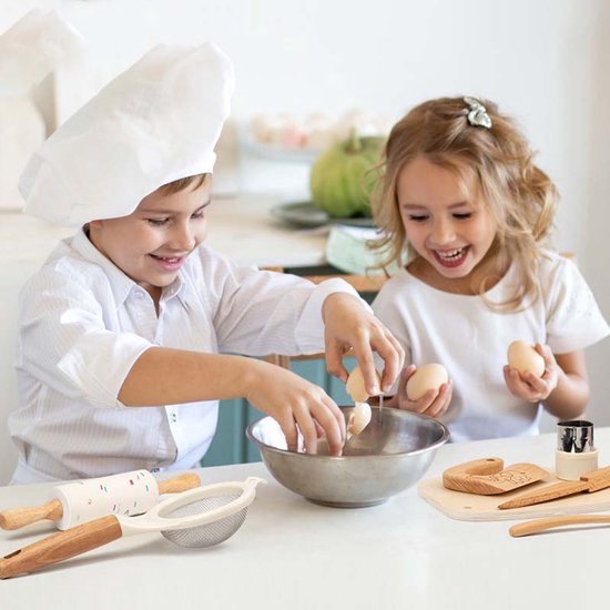 10 stuks houten kinderkookmessenset - Kinderkookspeelgoedset - Snijplank en messenset voor kinderen - Praktische keukengereedschappen voor peuters - Geschikt voor het snijden van groenten, fruit, salades en cake - Geschikt voor kleine chefs (2-6 jaar — afbeelding 3