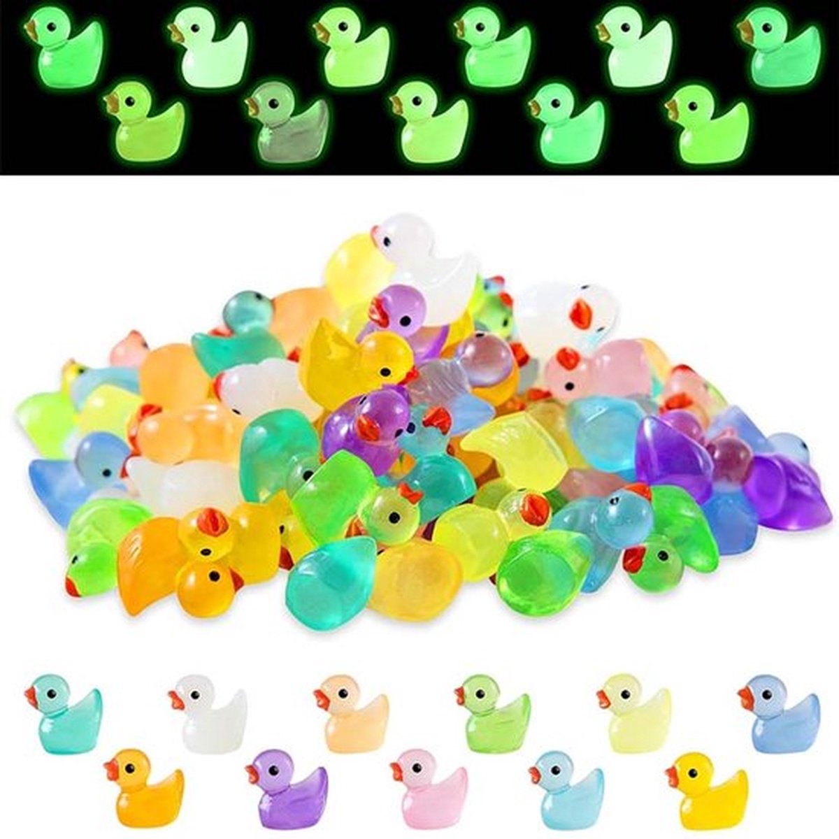 110 Stuks Mini Lichtgevende Hars Eendjes - Mini Eendjes Vorm - Gloeien in Het Donker - Geschikt Voor Poppenhuis Decoratie, Tuin, Huiselijk Landschap, Aquarium En DIY Ambacht Decoratie