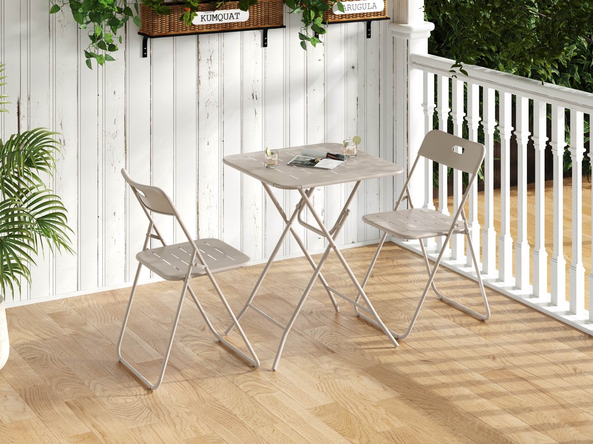 PHOEBE CAT Tuinset - Klaptafel + 2 klapstoelen - Bistroset - Metalen frame - Beige