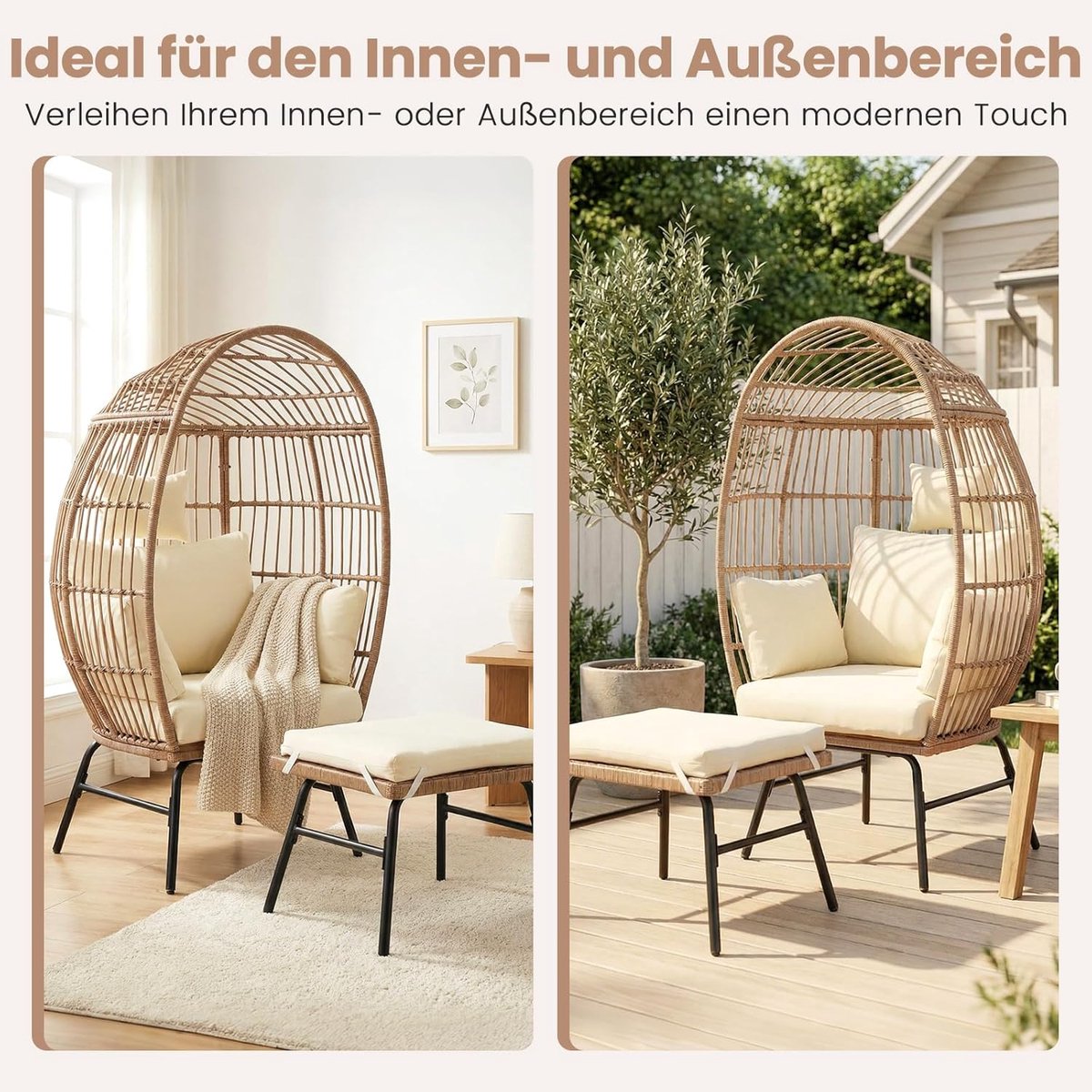 Serenity Egg Chair Lounge Set – Luxe XXL Rotan Mandstoel met Multifunctionele Hocker – Inclusief Premium Beige Kussens & Hoofdsteun – Boho Design – 93,5 x 74 x 144,5 cm