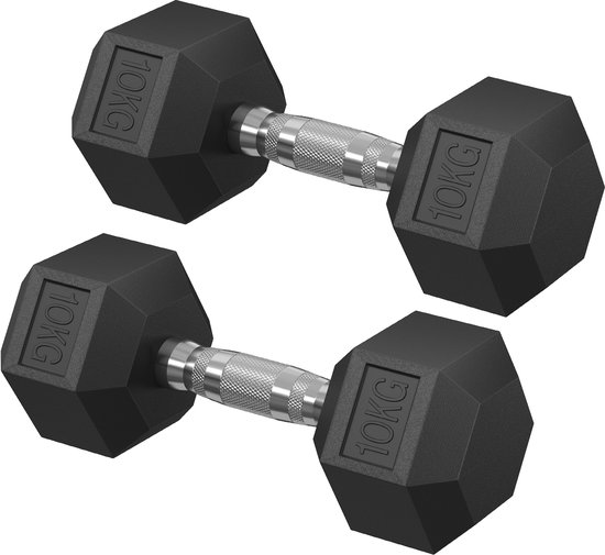 Twee zwarte 10kg gietijzeren dumbbells met gebogen grip, op een witte achtergrond