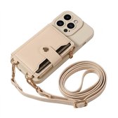 Beige telefoon hoesje met portemonnee en rits geschikt voor iPhone 15 – kunstleer beschermende case voor dames en heren met pasjeshouder, druksluiting, afneembare draagkoord en standaard functie